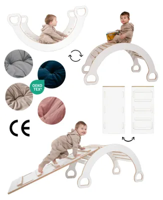 Produktbild von XXL 3-in-1 Montessori-Schaukelbogen mit Rutsche und grauem Kissen