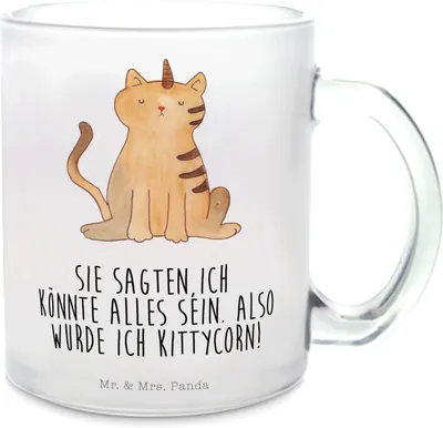 Produktbild von Mr. & Mrs. Panda Tee Tasse Einhorn Katze - Transparent - Geschenk, Regenbogen, Unicorn, Häferl, Henkelbecher, Teetasse, Teeglas, Mieze, Glas, Glitzer
