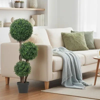 Produktbild von SUGIFT Kunstpflanze UV-beständig pflegeleicht, Künstliche Buchsbaumkugel dreikugelig mit Holzstamm, Buchsbaum Topiary, Grün  |  4 kg  |  30 x 30 x 100 cm