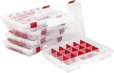 A stack of clear plastic sorting boxes with red dividers, one box is open showing the compartments.