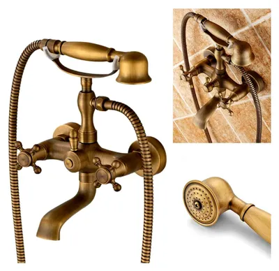 Produktbild von Badewannenarmatur Retro Messing mit Handbrause und Wandmontage
