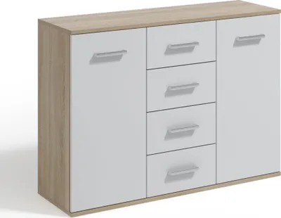 Produktbild von Masseno Kommode GIACOMO II 112 cm Sideboard mit 4 Schubladen und 2 Türen für Wohnzimmer Schlafzimmer Modern 112x33x85 cm Sonoma Eiche / Weiß
