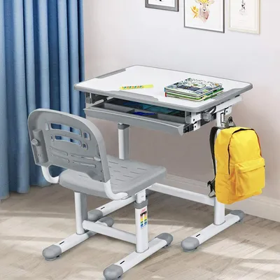 Produktbild von GOPLUS Kinderschreibtisch mit Stuhl, Kindertisch Höhenverstellbar & Neigungsverstellbar (0°-40°), Ergonomischer Kindermöbel Set bis 80 kg, Schreibtisch für Kinder ab 3 Jahren (Grau)