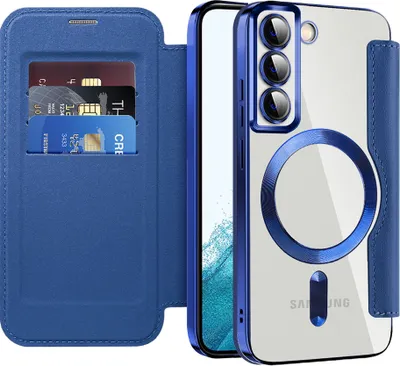 Produktbild von Klapphülle für Samsung Galaxy S22 5G Kompatibel mit Magsafe, Klar Überzug Kartenhalter Ledertasche mit Kameraschutz Blau