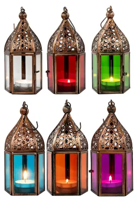 Produktbild von Orientalische Laternen Set mit 6 bunten Laternen Meena 16cm | 6x Orientalisches Windlicht aus Metall und Glas in 6 Farben | Marokkanische Glaslaterne für den Außenbereich als Gartenlaterne, Innen als Tischlaterne