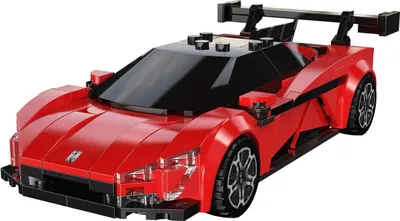 A red Lego-style supercar with a black spoiler and tinted windows, isolated on a white background.