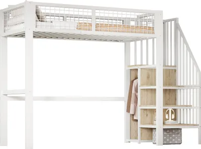 Produktbild von Hochbett Loftbett Metall Sicherheitsleiter Kleiderschrank Stauraum 90 x 200 cm Weiß