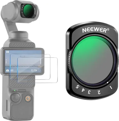 Productafbeelding van ND-filter, compatibel met DJI Osmo Pocket 3 en 4 – Magnetisch verstelbaar, ND2-32 (1-5 belichtingsstops) – inclusief 2 LCD-schermbeschermfolies