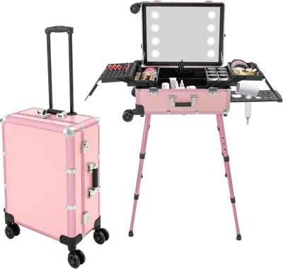Produktbild von Schminkkoffer Mit Rollen - Professioneller Make-up Trolley - Mit Spiegel - Kosmetik Und Nagel Organizer - Aus Kunstleder - Rosa