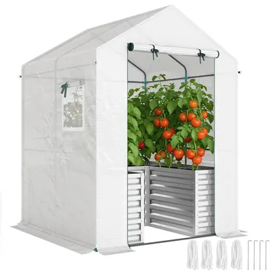 Obrázek produktu pro Skleník na rajčata s vyvýšeným záhonem - rolovací dveře - okno - šikmá střecha - 141 x 141 x 190 cm - kryt z PE materiálu s ocelovou konstrukcí - bílá barva