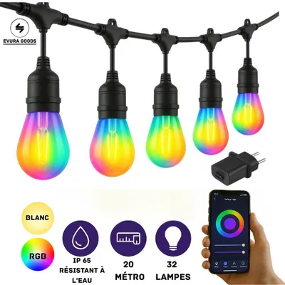 Image de Guirlande lumineuse RGB Evura Goods pour l'extérieur, 20 mètres – extensible – 30 ampoules LED intelligentes – éclairage de jardin multicolore – résistante aux intempéries