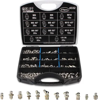 Produktbild von 270x Kegel Schmiernippel Verzinkt Fettnippel Sortiment M6 M8 M10 Gerade 45° 90°
