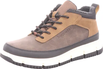 A single brown and tan Bugatti men's lace-up boot is shown against a white background.