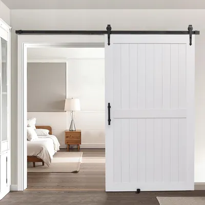 Produktbild von VEVOR Schiebetür im Scheunenstil Schiebetürsystem (1219 x 2134 mm) aus hochfesten MDF-Platten, Scheunentor mit Hardware-Kit & wasserfester PVC-Oberfläche & H-Rahmen für Wohnzimmer Badezimmer Weiß