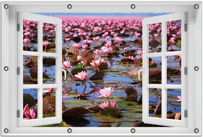 Produktbild von Wallario Outdoor-Poster für Garten oder Balkon 80 x 120 cm: Seerosenlandschaft mit rosa Blüten