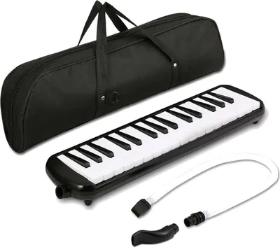 A black melodica with a black carrying case and white accessories on a white background.