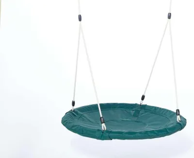 A green nest swing with beige ropes hanging from above against a white background.