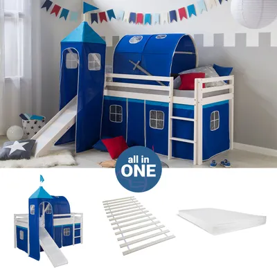 Produktbild von Homestyle4u Hochbett 90x200 mit Matratze Turm Tunnel Rutsche Vorhang blau Kinderbett Weiß Holz Kiefer Massiv Lattenrost