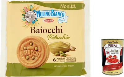 Produktbild von 6x Mulino Bianco Baiocchi Pistazienkekse, Pistaziengebäck, ideal für Frühstück oder Snack, Palmölfrei, 6 Portionen á 3 Kekse + Italian Gourmet polpa 400g