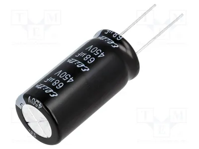 Image de 1 condensateur : électrolytique, diamètre 18 x 35,5 mm, traversant, 68 µF, 450 VDC, tolérance 20 %, référence PF2W680MNN1836