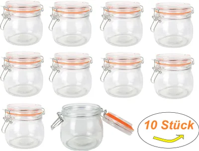 A collection of glass jars with orange lids and wire closures, arranged in rows, with a separate jar in the foreground and a quantity indicator in the lower right corner.