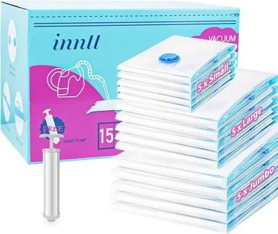 Produktbild von Unyqoos® Vakuumbeutel für Kleidung & Bettdecken – 15er Set (5×100×80, 5×80×60, 5×60×40 cm) inkl. Handpumpe, wiederverwendbare PA-Aufbewahrungsbeutel