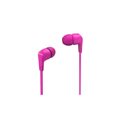 A pair of pink in-ear headphones with their cables.