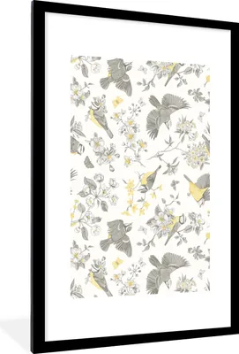 Produktbild von MuchoWow® MuchoWow® Gerahmtes Poster Blumen - Vogel - Muster 60x90 cm - Poster mit zchwarzem Bilderrahmen - Dekoration - Wandposter Wohnzimmer - Hochwertig