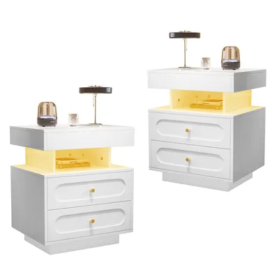 Produktbild von (2 St.)Nachttisch Nachtschrank mit LED-Beleuchtung Nachtkommode mit 2 Schubladen 1 offener Lagerraum Weiß B100/T40/H60 cm