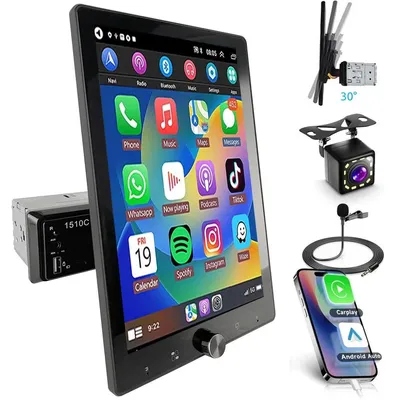Obrázok produktu pre Autorádio 1 DIN s 10-palcovým dotykovým displejom, bezdrôtovým Carplay a Android Auto, otočným displejom, kamerou, Bluetooth, USB, slotom na SD kartu, AUX vstupom a handsfree funkciou, s AM/FM rádiom