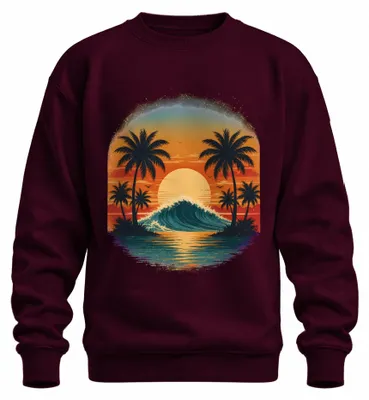 Immagine prodotto di Felpa con cappuccio, stile retrò, con motivo tramonto, palme, onda, surf, spiaggia, Hawaii, anni '80, colore bordeaux, taglia L