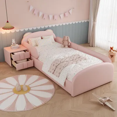 Immagine prodotto di Lettino Flieks 90x200 cm con comodino, letto imbottito con base dotata di protezione anticaduta e rete a doghe, letto singolo per bambini, PU, rosa