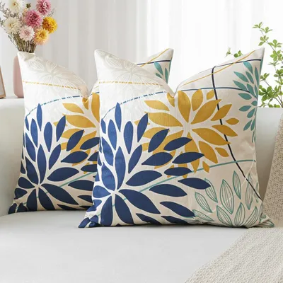 Obrázok produktu pre Dva vankúšové poťahy s motívom dahlia, geometrický vzor, modrá a žltá farba, 45x45 cm, materiál: polyester