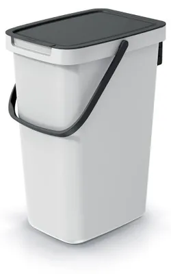 A white trash can with a gray lid and handle, shown from a slightly angled front view against a white background.