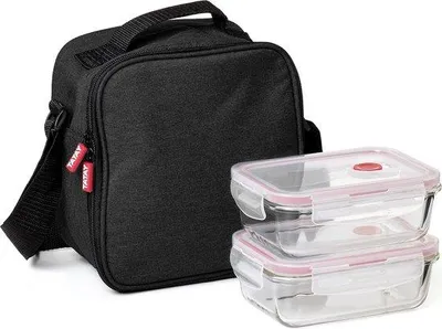 Image de Sac isotherme pour réfrigérateur, capacité de 3,5 L, avec 2 récipients alimentaires en verre de 0,57 L, noir, 22 x 12 x 21,5 cm.