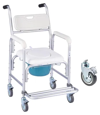 Image de VEVOR Chaise de toilette de nuit, charge maximale 159 kg, rehausse de siège de toilette à roulettes avec assise/dossier rembourré/repose-pieds relevable, seau de 5 L amovible, chaise roulante de douche pour personnes âgées