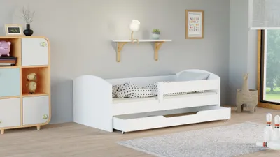 Produktbild von Kinderbett Classic 180x80 Kinderbett mit Rausfallschutz & Lattenrost weiß 80 x 180 für Mädchen und Jungen Massivholz Kiefer und MDF Möbelplatte, ohne Matratze, mit Schubladen
