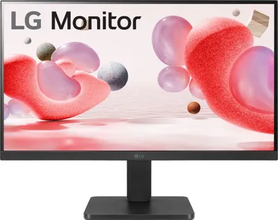 A computer monitor with abstract shapes and spheres on the screen.