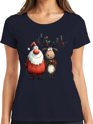 Produktbild von Lustiger Weihnachtsmann und Rentier Cartoon Weihnachten Geschenk Damen T-Shirt, Navy, M