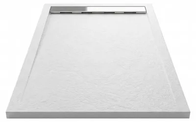 Produktbild von Mineralguss-Duschwanne extra flach RIBERA Schieferoptik WEIß 90x160cm  Ablaufschutz in Chrom