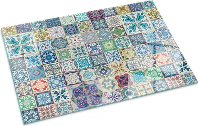 Produktbild von Mosaikmuster auf Fliesen – Glasbodenplatte für – Kaminofen – Kaminplatte Glas – Schutzglas – Funkenschutzplatte –Glasbodenplatte Feuerfeste – Hitzeschutzplatte – Bodenschutz aus Glas – 100x70 cm