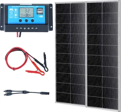 Produktbild von VEVOR 200W Solarpanel 2er-Set 12V monokristallinen Solarmodul plus Laderegler 16,66A Solaranlage Umwandlungsrate von 23 % Kompatibel mit AGM-, GEL-, FLD-, LI-Batterien Ideal für Wohnmobile Yachten Zuh