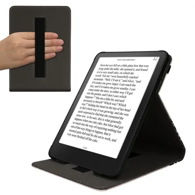 Produktbild von kwmobile Hülle kompatibel mit Amazon Kindle Paperwhite (2024)/Colorsoft Hülle - Case mit Schlaufe und Ständer - Lesende Frau Schwarz Beige