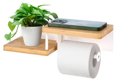 Image de Porte-rouleaux de papier toilette en bambou avec étagère, idéal pour la salle de bain et la cuisine