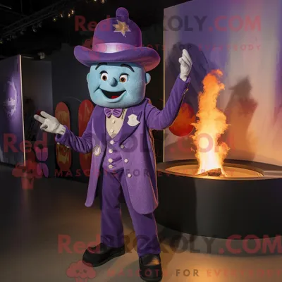 Productafbeelding van Mascot REDBROKOLY karakter van een lavendelkleurige vuureter gekleed met een corduroy broek en reversspeldjes