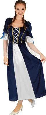 A woman in a blue and white medieval-style dress with braided hair, standing against a white background.