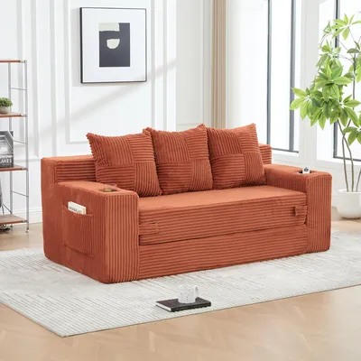 Produktbild von STILVORA 3-Sitzer Sofa mit Getränkehalter, Wohnzimmersofa mit Seitentaschen und Rückenlehne,Modulares Sofa mit gestrickten Kissen,Baumwoll Leinenstoff