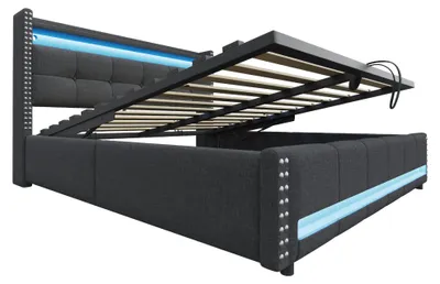 Image de Lit rembourré à LED avec port USB et espace de rangement, lit double avec coffre de rangement hydraulique et tête de lit en lin, pour chambre à coucher ou chambre d'amis, gris