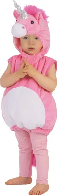 A baby wearing a pink unicorn costume.