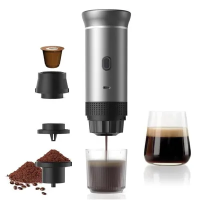 Obrázok produktu pre Bezdrôtová prenosná kávovar Planet Tech 3 v 1, 20 barov, Kompatibilný s kapsulami Nespresso, Dolce Gusto, Mletá káva, Sivá